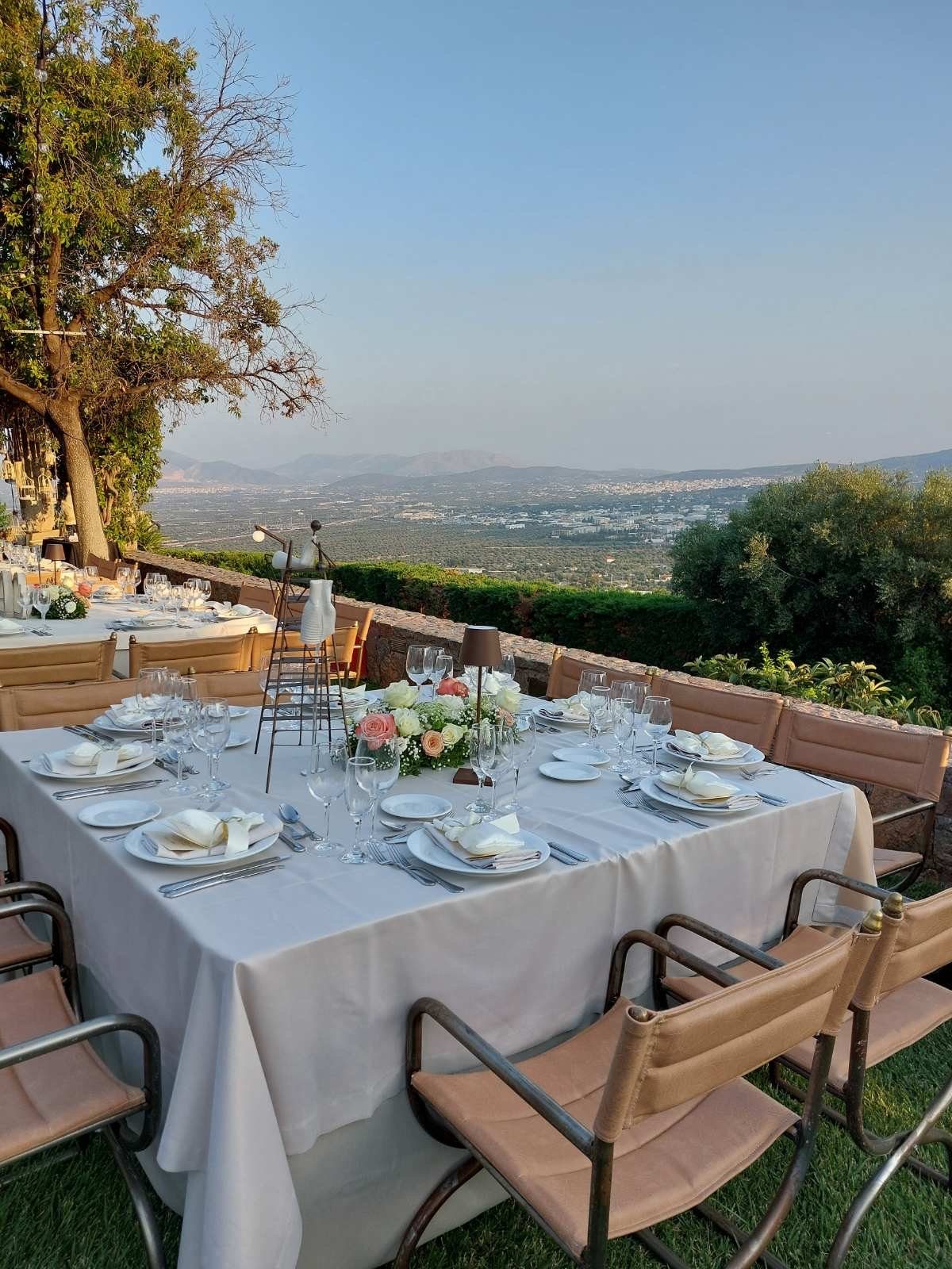 Wedding floral tablescape at a hilltop villa near Athens
